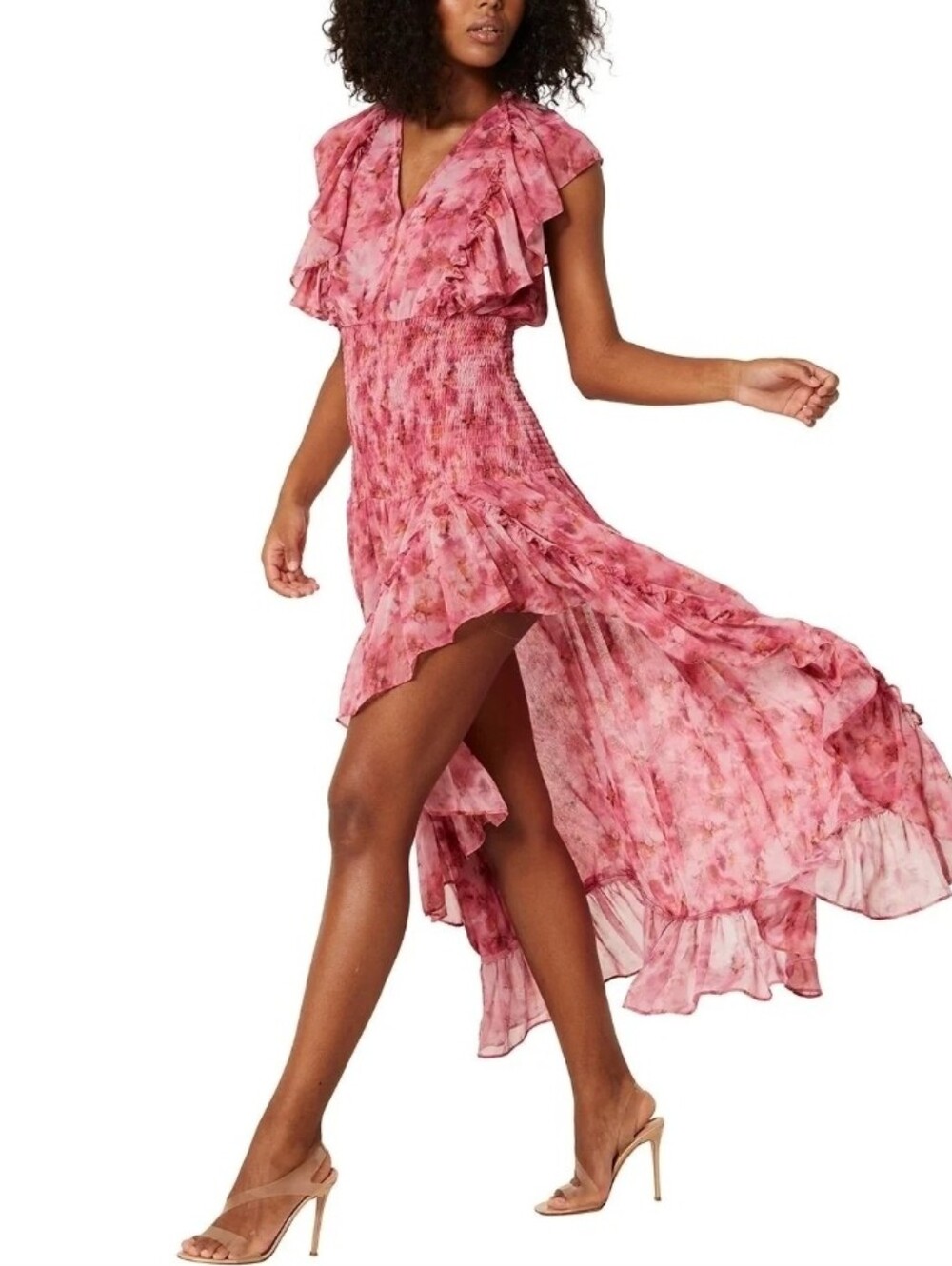 MISA Los Angeles Bo Dress In Pink Floral Chiffon Ruffle Smocked Dress Size S